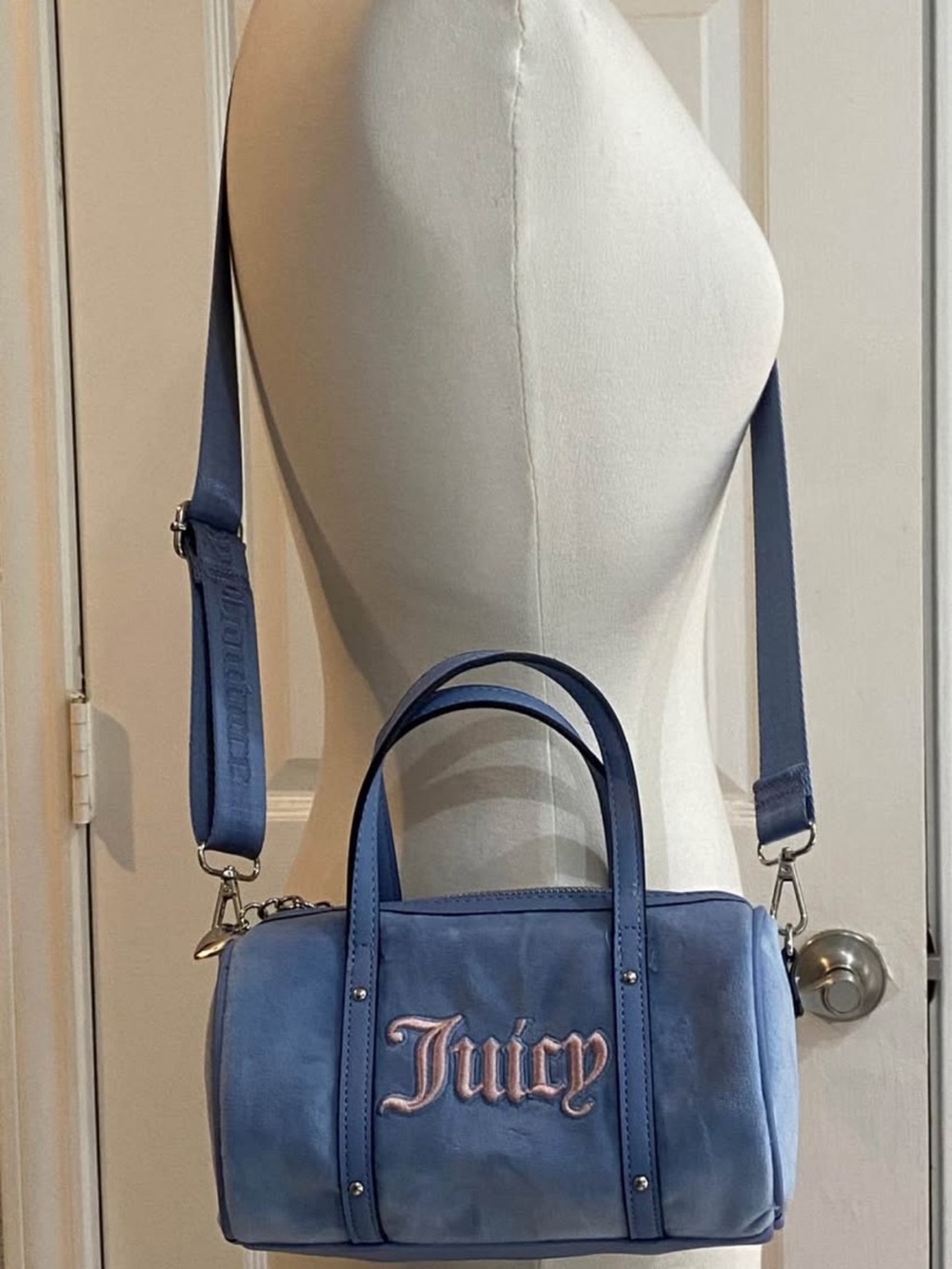 Juicy Couture Dusty Blue Suede Barrel Crossbody bag